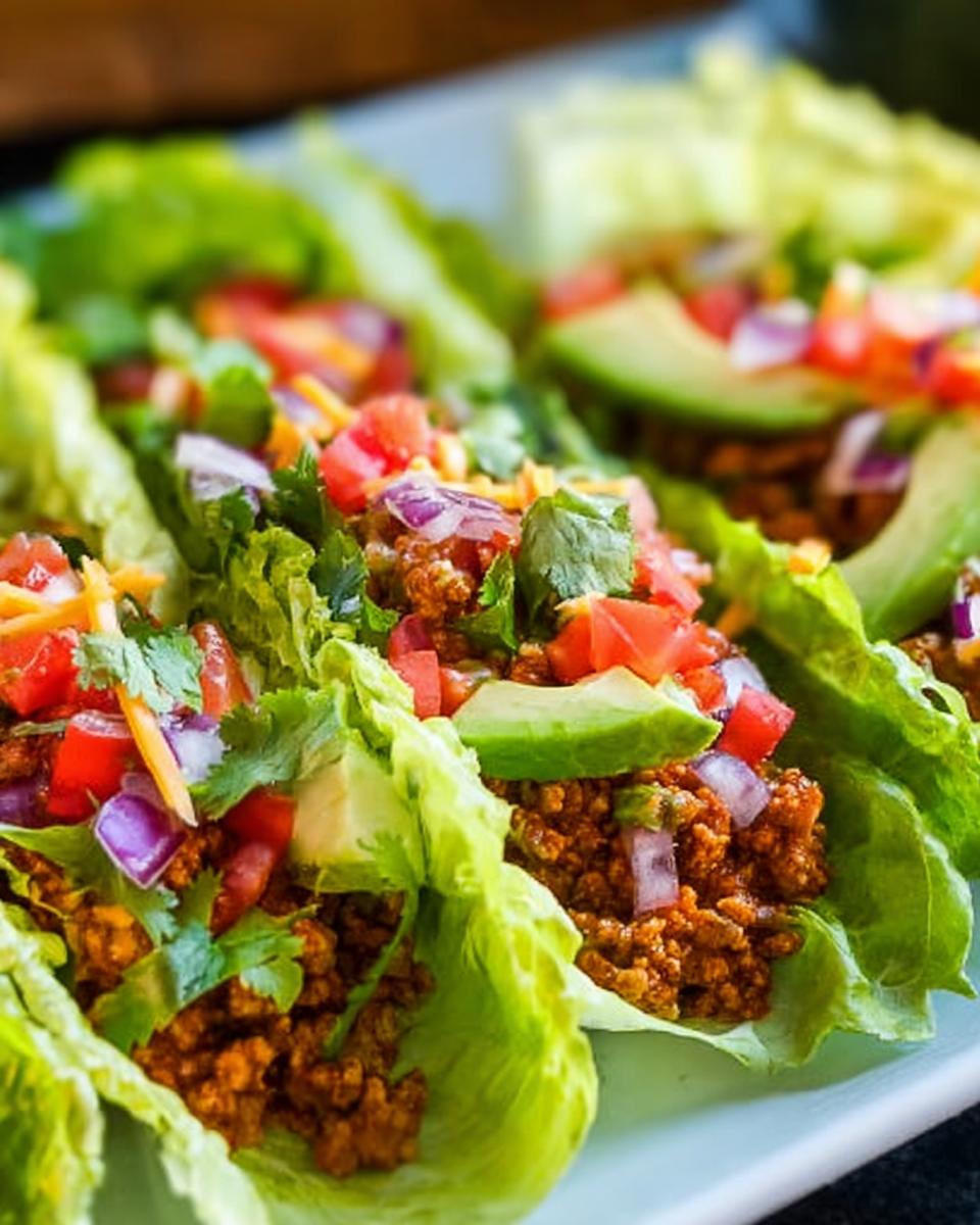 Close-up of delicious Turkey Taco Lettuce Wraps filled with seasoned ground turkey, topped with avocado, tomato, and onion.