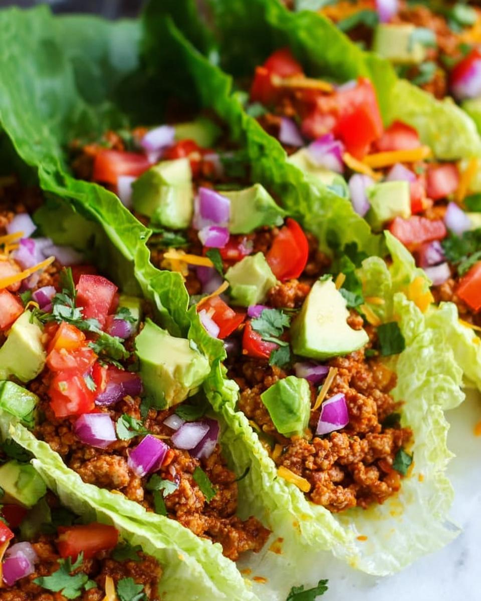 Close-up of several Turkey Taco Lettuce Wraps filled with seasoned ground turkey, topped with diced avocado, tomato, and red onion.