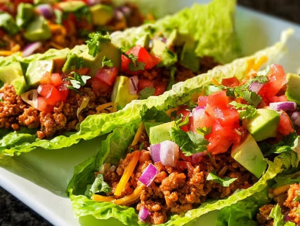 Close-up of fresh Turkey Taco Lettuce Wraps filled with seasoned ground turkey, avocado, tomato, and red onion.