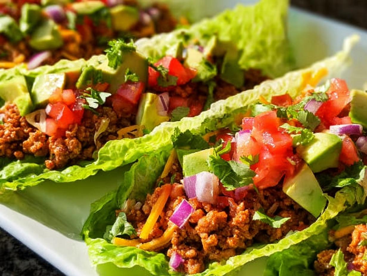 Close-up of fresh Turkey Taco Lettuce Wraps filled with seasoned ground turkey, avocado, tomato, and red onion.