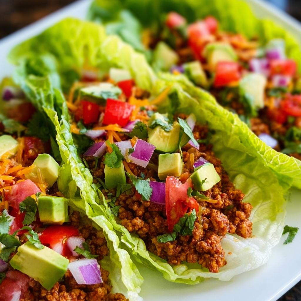 Close-up of delicious Turkey Taco Lettuce Wraps filled with seasoned ground turkey, avocado, tomato, and red onion.