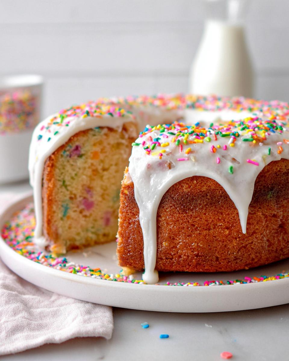 A slice cut from a Vanilla Confetti New Year’s Cake topped with thick white glaze and colorful sprinkles.
