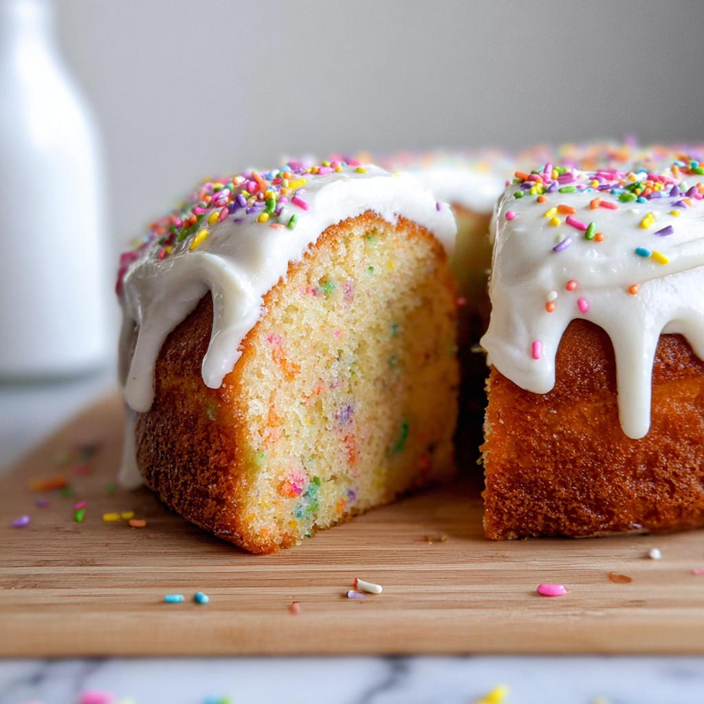 Close-up of a slice cut from a Vanilla Confetti New Year’s Cake, topped with white glaze and colorful sprinkles.