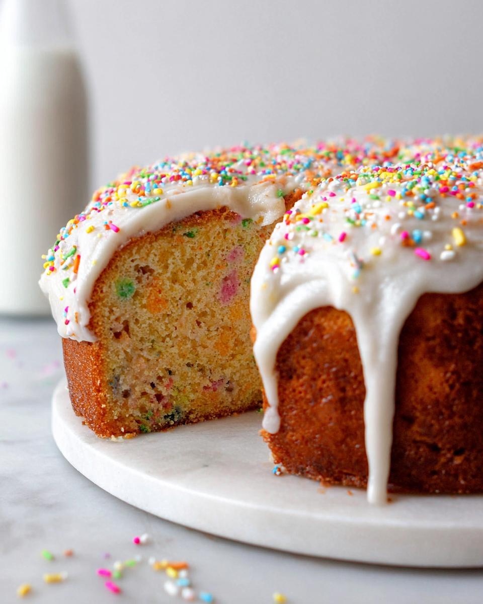 Close-up of a Vanilla Confetti New Year’s Cake with a slice removed, showing colorful sprinkles inside and thick white glaze dripping down the side.
