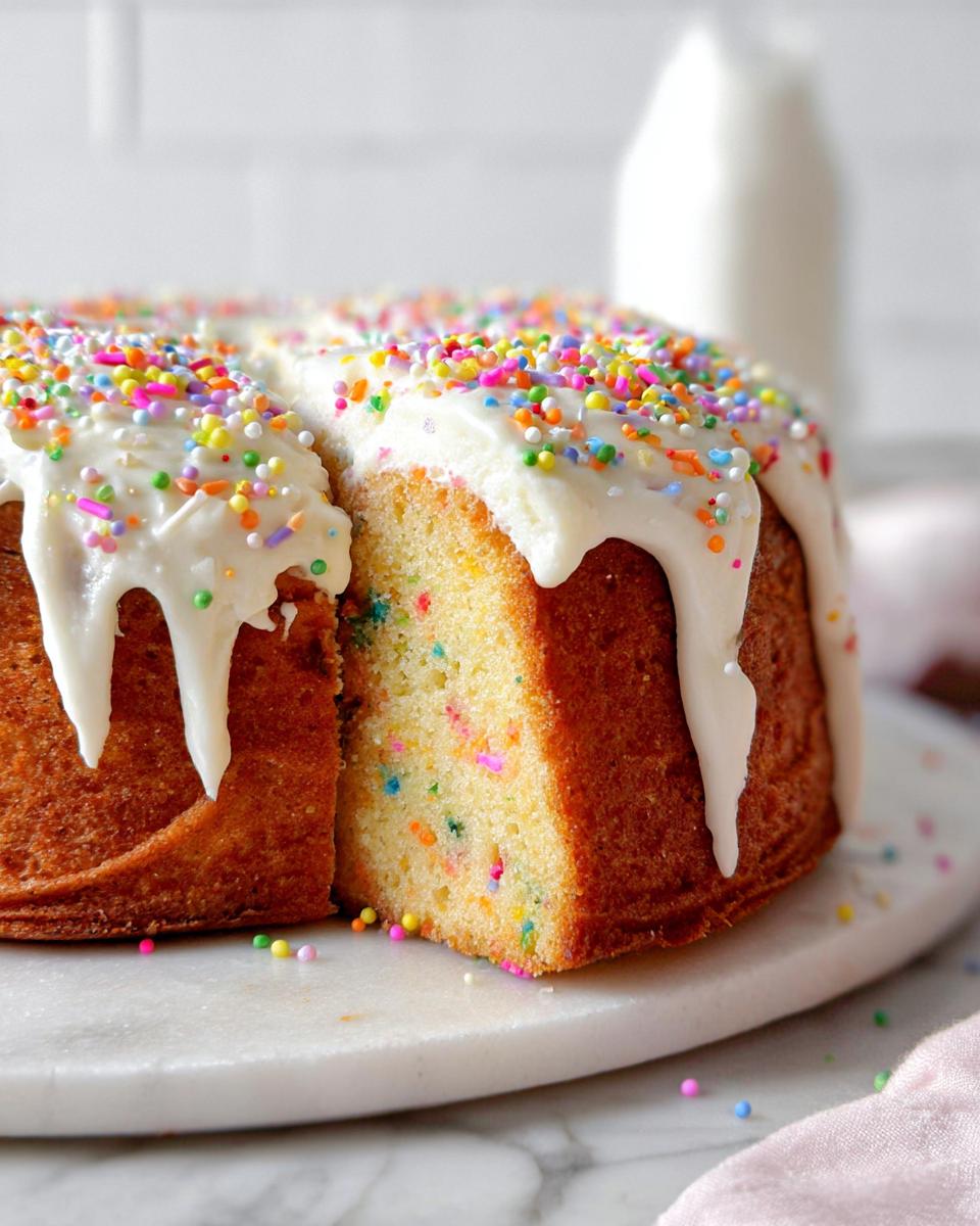 A slice cut from a Vanilla Confetti New Year’s Cake topped with thick white glaze and colorful sprinkles.