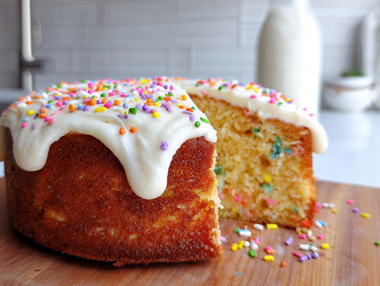 A slice cut from a Vanilla Confetti New Year’s Cake topped with dripping white frosting and colorful sprinkles.