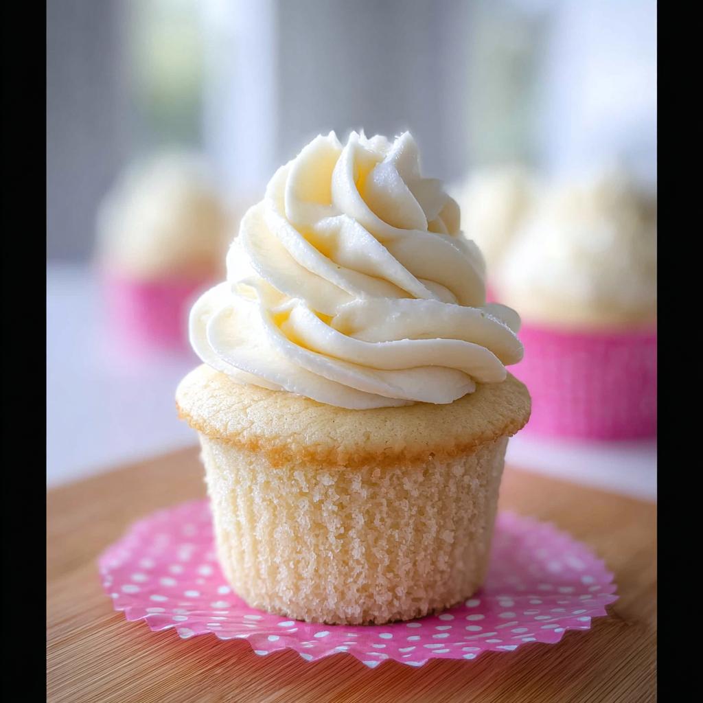 A close-up of a delicious vanilla cupcake topped with swirls of creamy buttercream frosting.