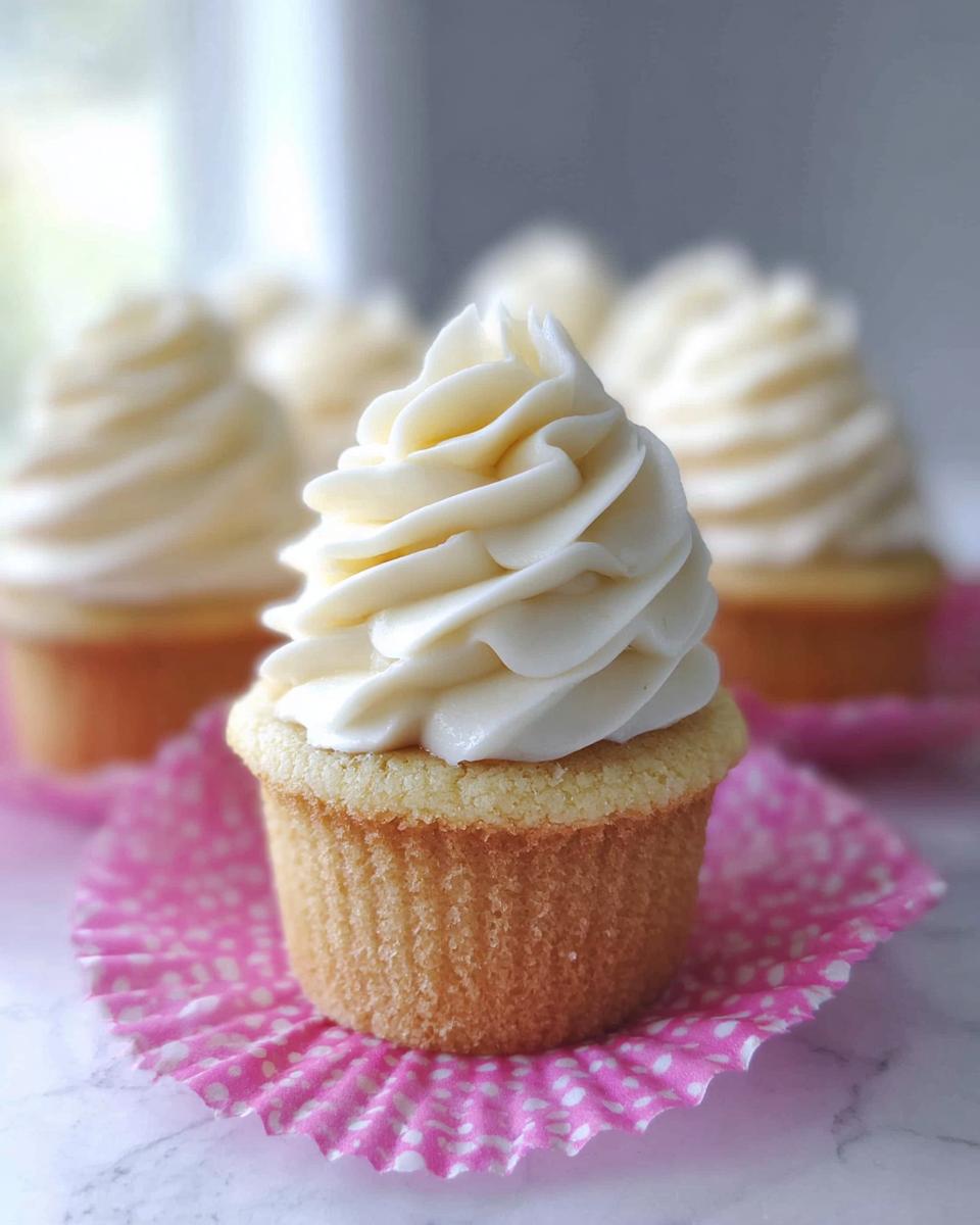 A close-up of a delicious vanilla cupcake topped with swirls of creamy buttercream frosting.