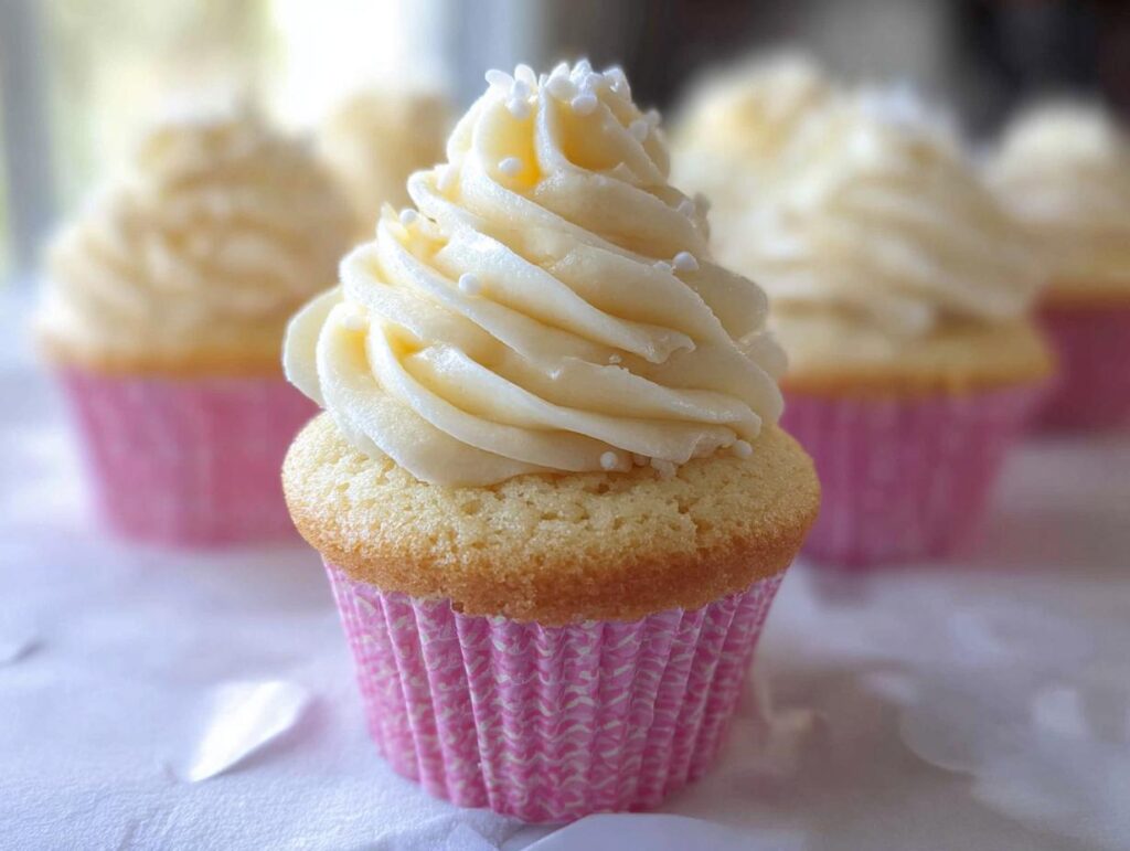 A close-up of a delicious vanilla cupcake with swirl buttercream frosting and white sprinkles.