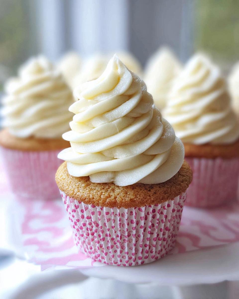 A close-up of a perfectly baked vanilla cupcake topped with swirls of creamy buttercream frosting.