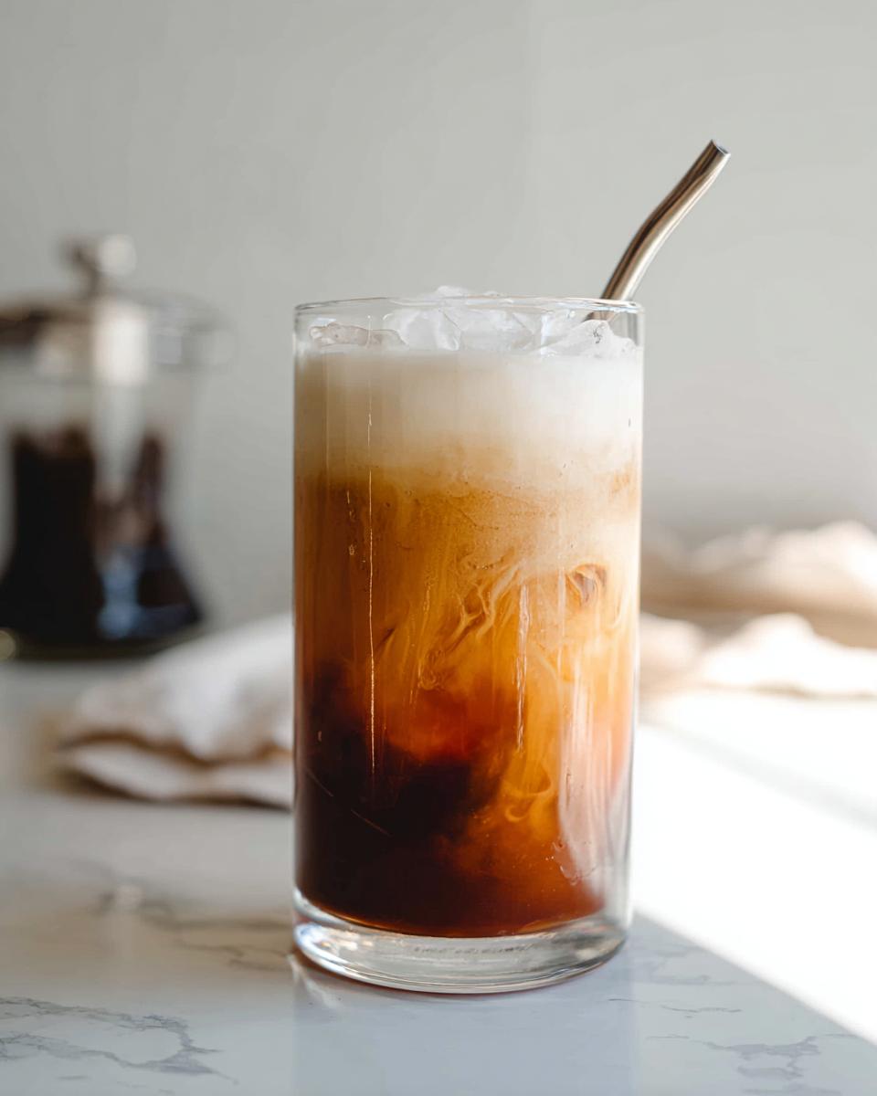 A tall glass of Vanilla Sweet Cream Cold Foam Cold Brew with ice, showing the layers of dark coffee and swirling cream.
