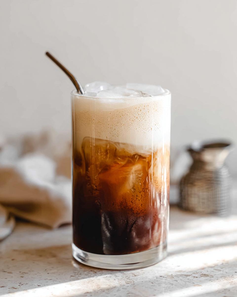 A tall glass of Vanilla Sweet Cream Cold Foam Cold Brew over ice with a metal straw.
