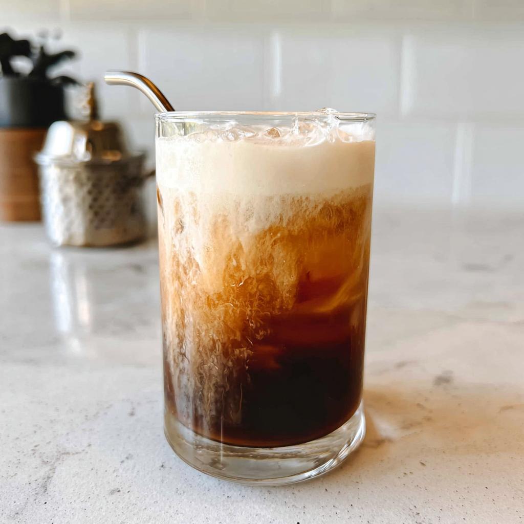 A glass of Vanilla Sweet Cream Cold Foam Cold Brew showing layers of dark coffee and creamy foam topping.
