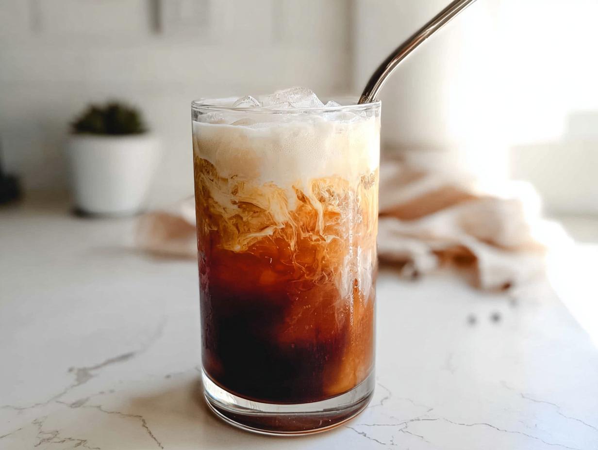 A tall glass of Vanilla Sweet Cream Cold Foam Cold Brew showing layers of dark coffee and white foam.