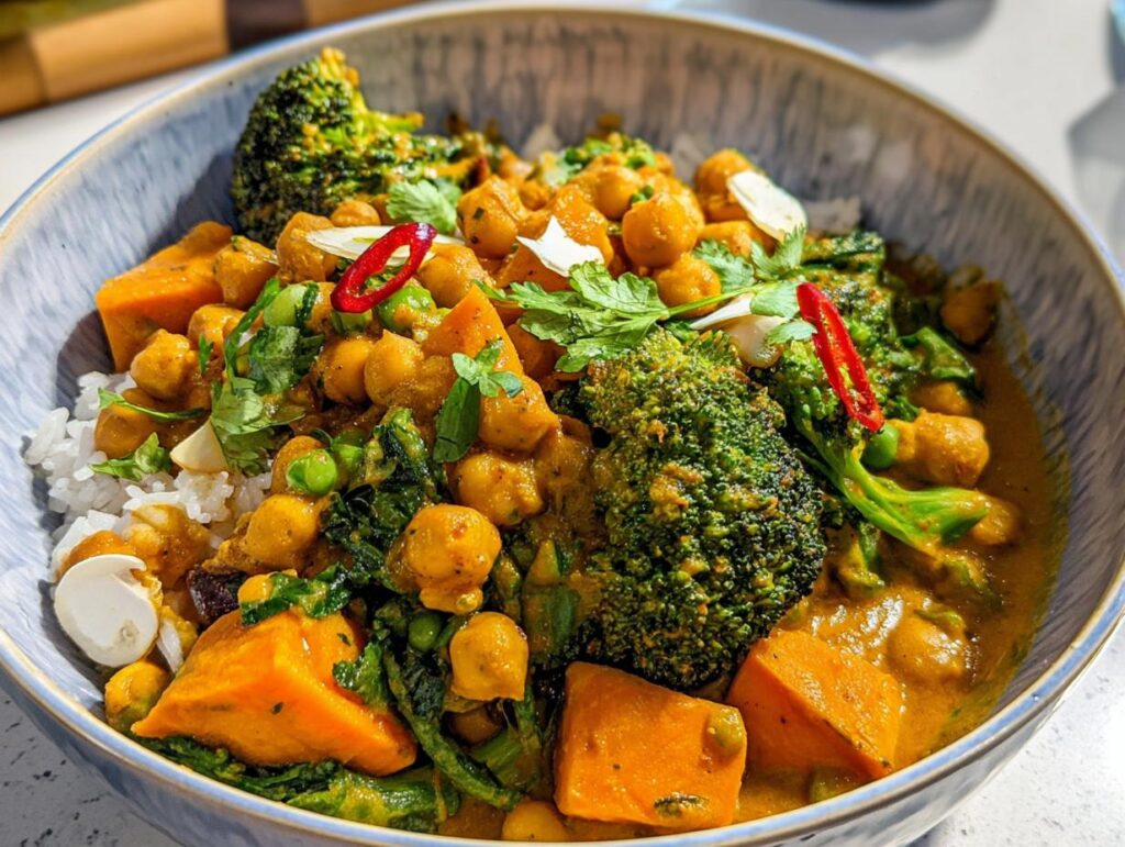 A vibrant and hearty Vegetable Curry Bowl filled with rice, chickpeas, sweet potato, broccoli, and peas, garnished with chili and cilantro.