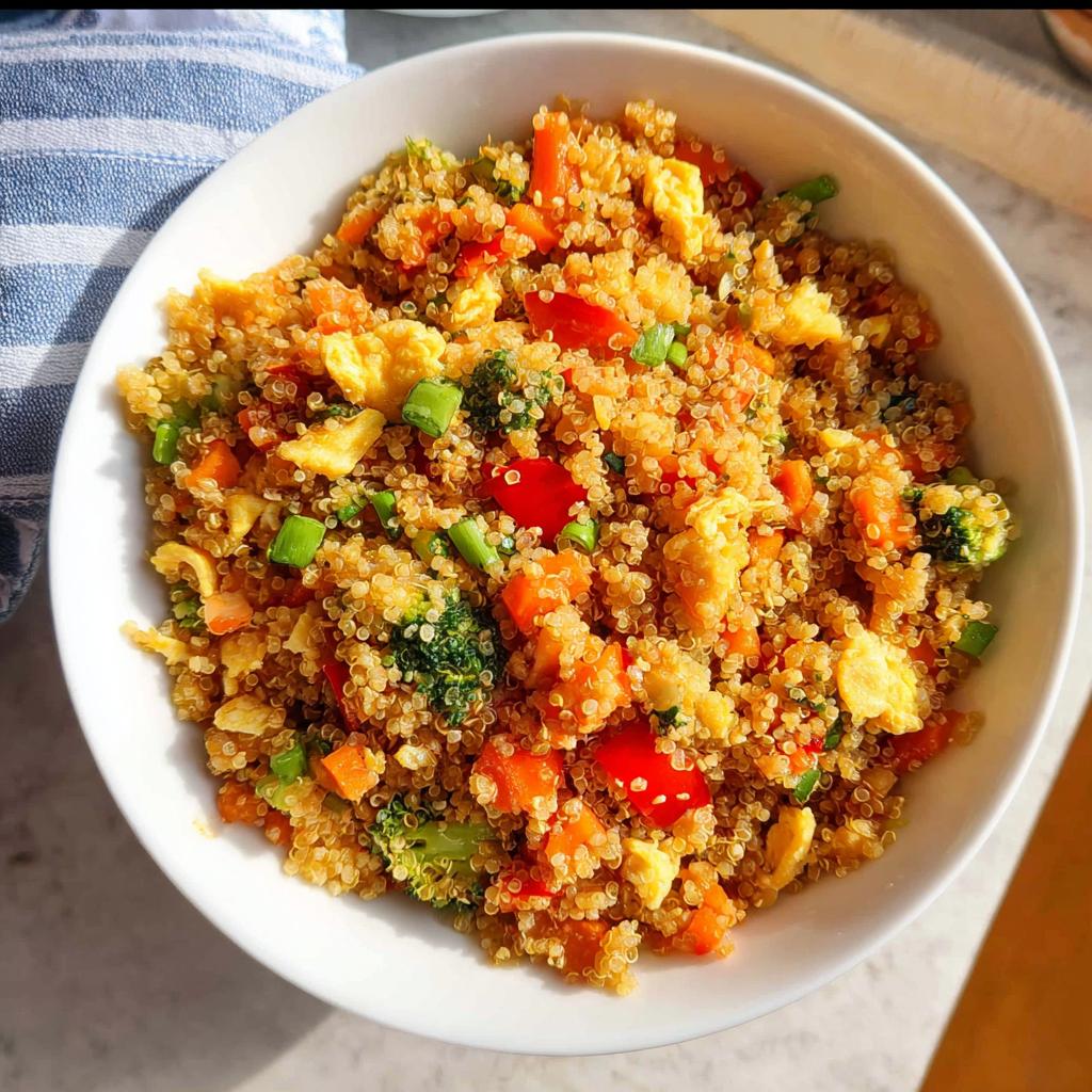 A top-down view of vibrant Vegetable Quinoa Fried Rice mixed with scrambled egg, carrots, broccoli, and red peppers in a white bowl.