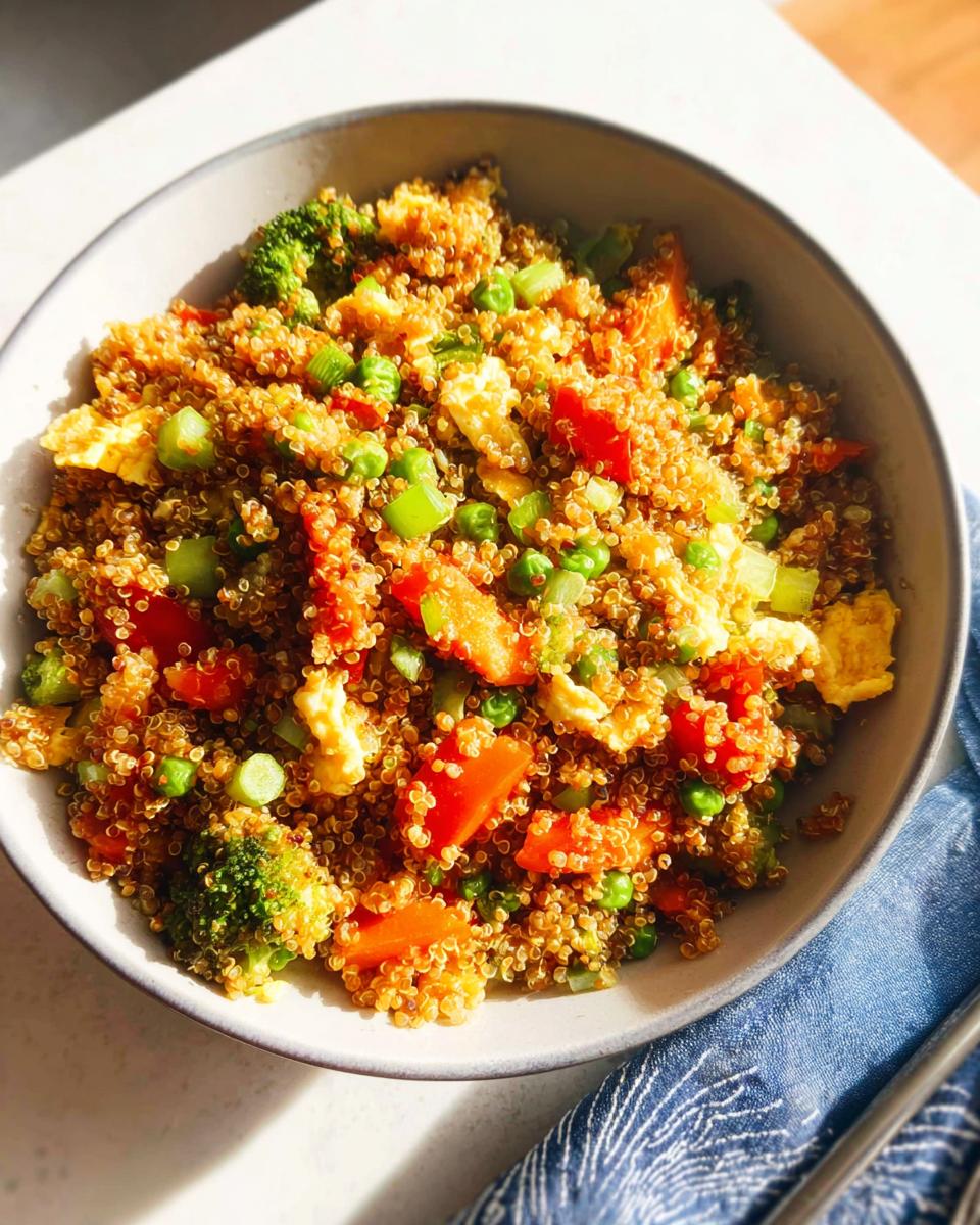 Overhead view of a bowl filled with vibrant Vegetable Quinoa Fried Rice, featuring red quinoa, carrots, peas, broccoli, and scrambled egg pieces.