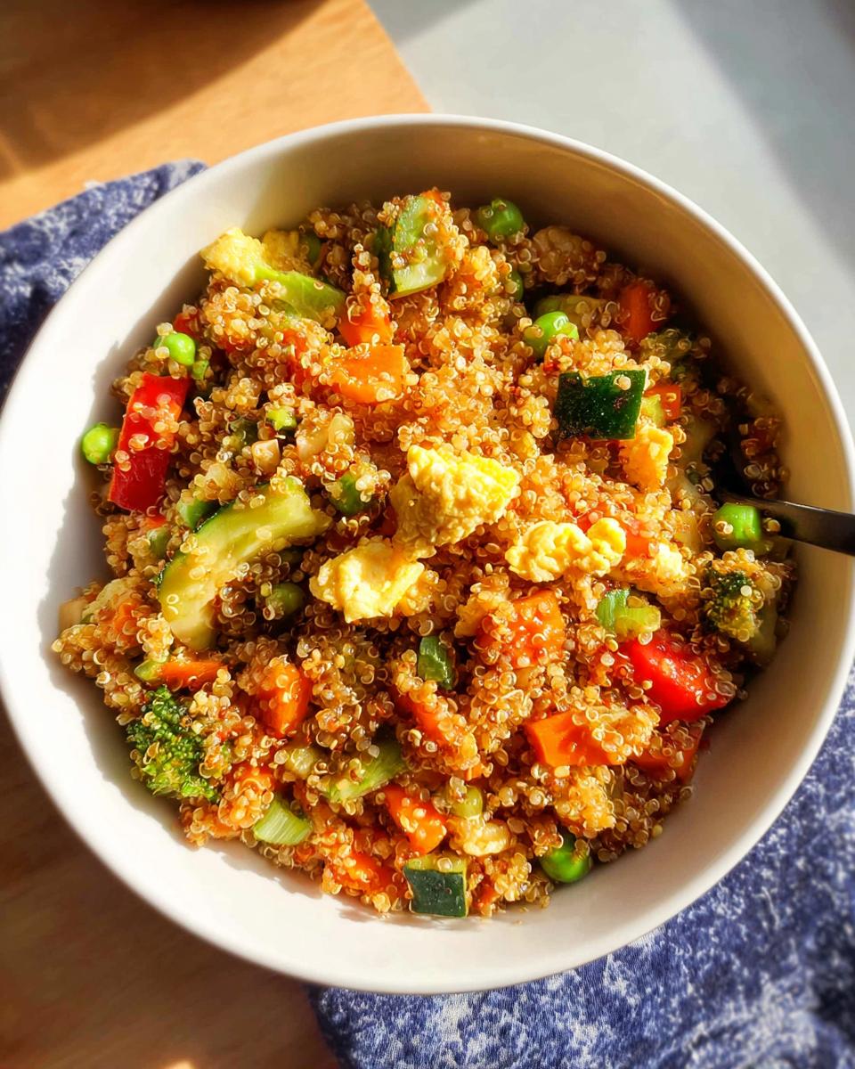 Overhead view of a white bowl filled with colorful Vegetable Quinoa Fried Rice mixed with chopped vegetables and scrambled egg pieces.