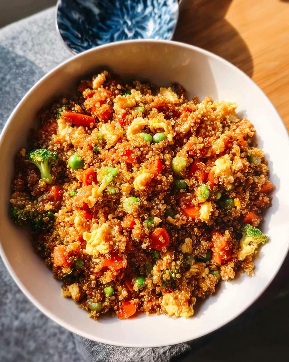 A close-up overhead shot of Vegetable Quinoa Fried Rice mixed with scrambled egg, broccoli, carrots, and peas in a white bowl.