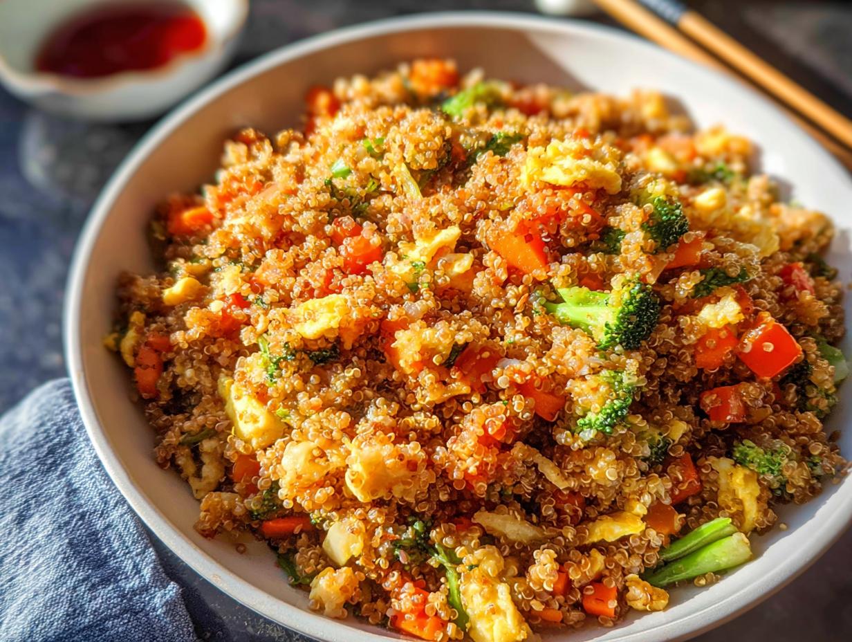 A close-up of a white bowl filled with vibrant Vegetable Quinoa Fried Rice, featuring quinoa, carrots, broccoli, and scrambled egg.