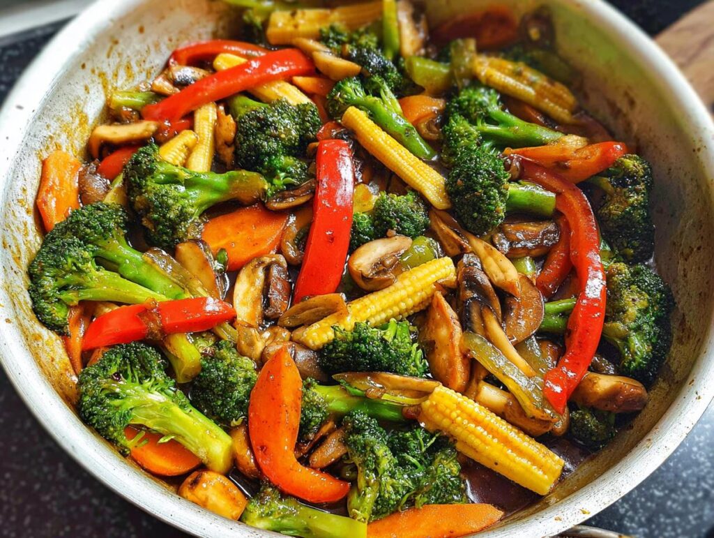 Close-up of a vibrant Vegetable Stir Fry with broccoli, carrots, bell peppers, baby corn, and mushrooms in a pan.