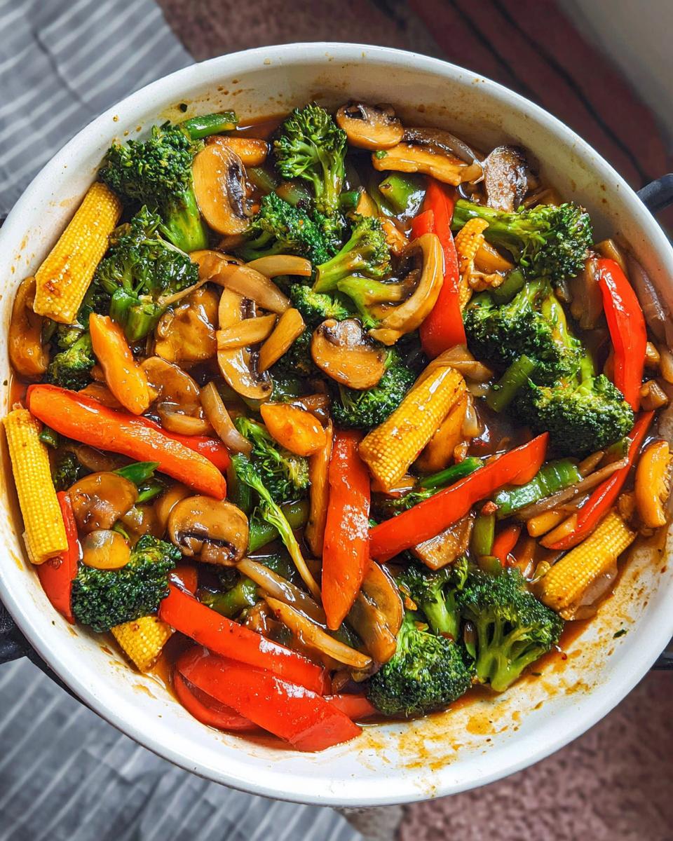 A vibrant and healthy vegetable stir fry in a white pan, featuring broccoli, baby corn, red bell peppers, and mushrooms.
