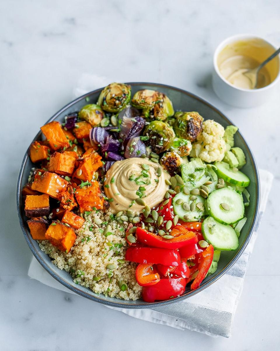 A vibrant bowl filled with quinoa, roasted sweet potatoes, Brussels sprouts, cauliflower, red bell peppers, cucumber, and hummus, perfect for Vegetarian Meal Prep Bowls.