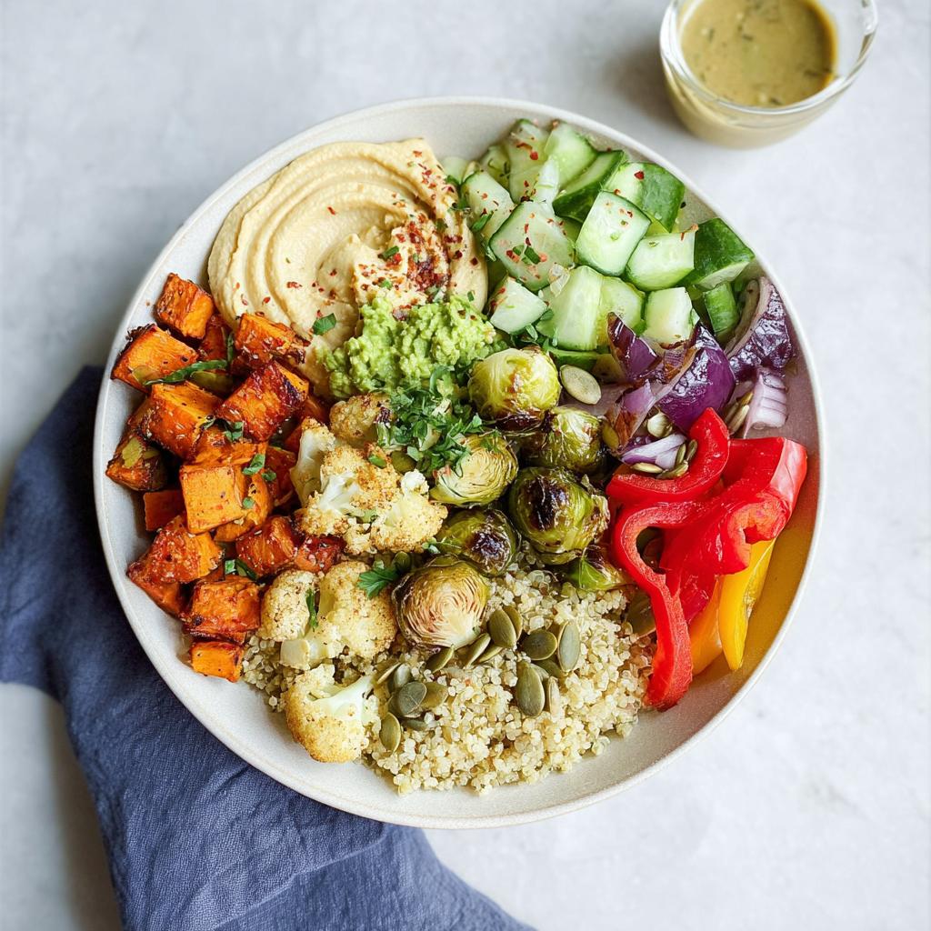 A vibrant bowl filled with quinoa, roasted sweet potatoes, cauliflower, Brussels sprouts, cucumber, bell peppers, hummus, and guacamole for a healthy vegetarian meal prep.