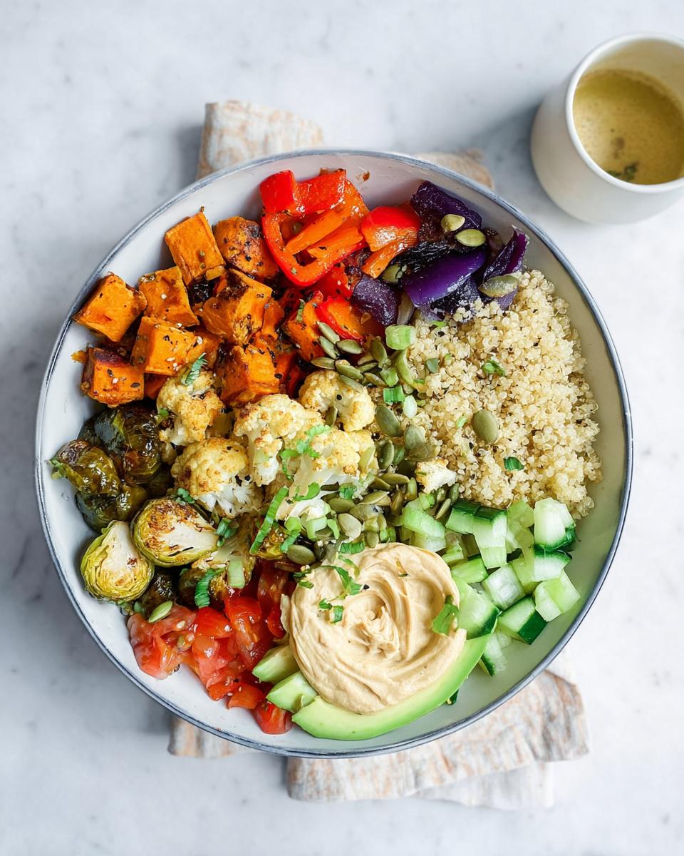 A colorful bowl filled with roasted sweet potatoes, bell peppers, cauliflower, Brussels sprouts, quinoa, cucumber, avocado, and hummus, perfect for vegetarian meal prep bowls.
