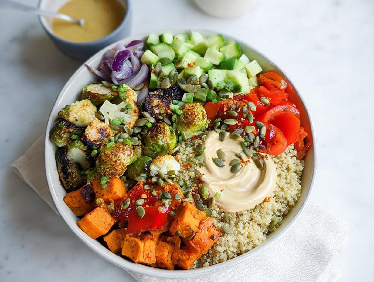 A vibrant bowl filled with quinoa, roasted sweet potatoes, Brussels sprouts, cauliflower, red onion, cucumber, and a dollop of hummus, perfect for vegetarian meal prep bowls.