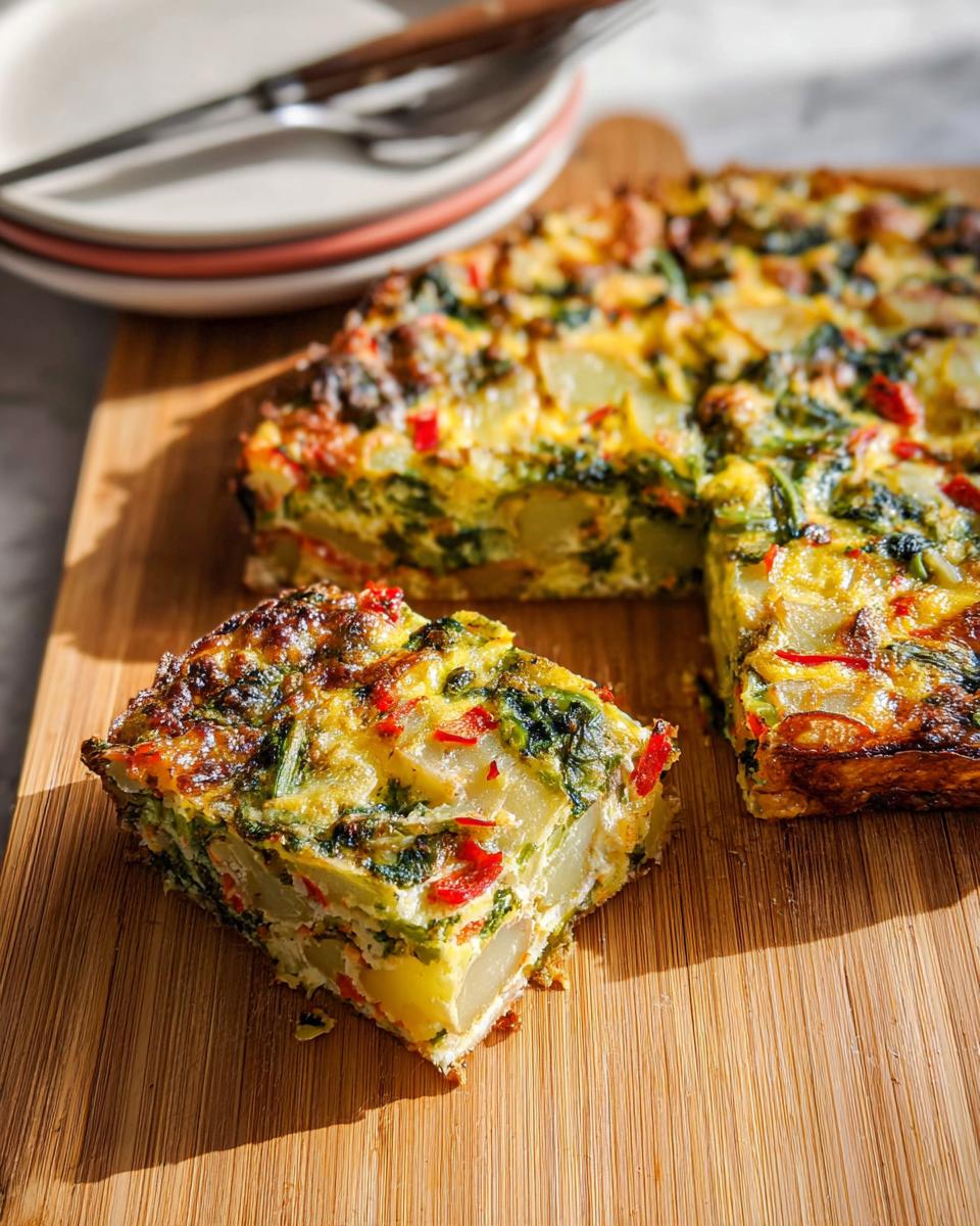 A square slice of Veggie Breakfast Casserole featuring potatoes, spinach, and red peppers, served on a wooden board.