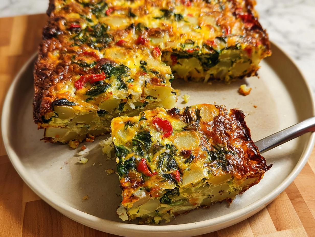 A square slice of Veggie Breakfast Casserole featuring layers of potatoes, spinach, and red peppers, being lifted from the main dish.