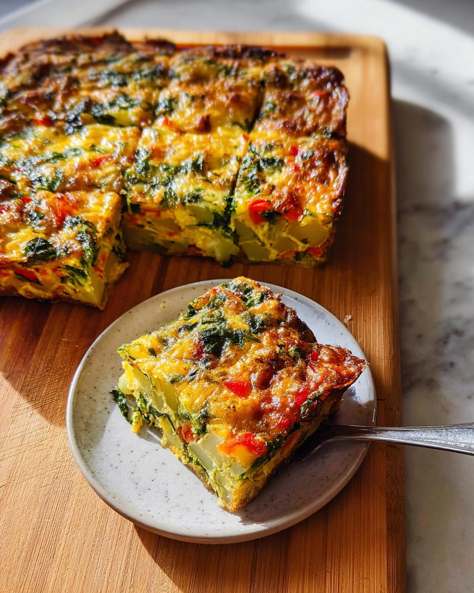 A serving of Veggie Breakfast Casserole with spinach, peppers, and potatoes on a small plate, with the rest of the casserole in the background.