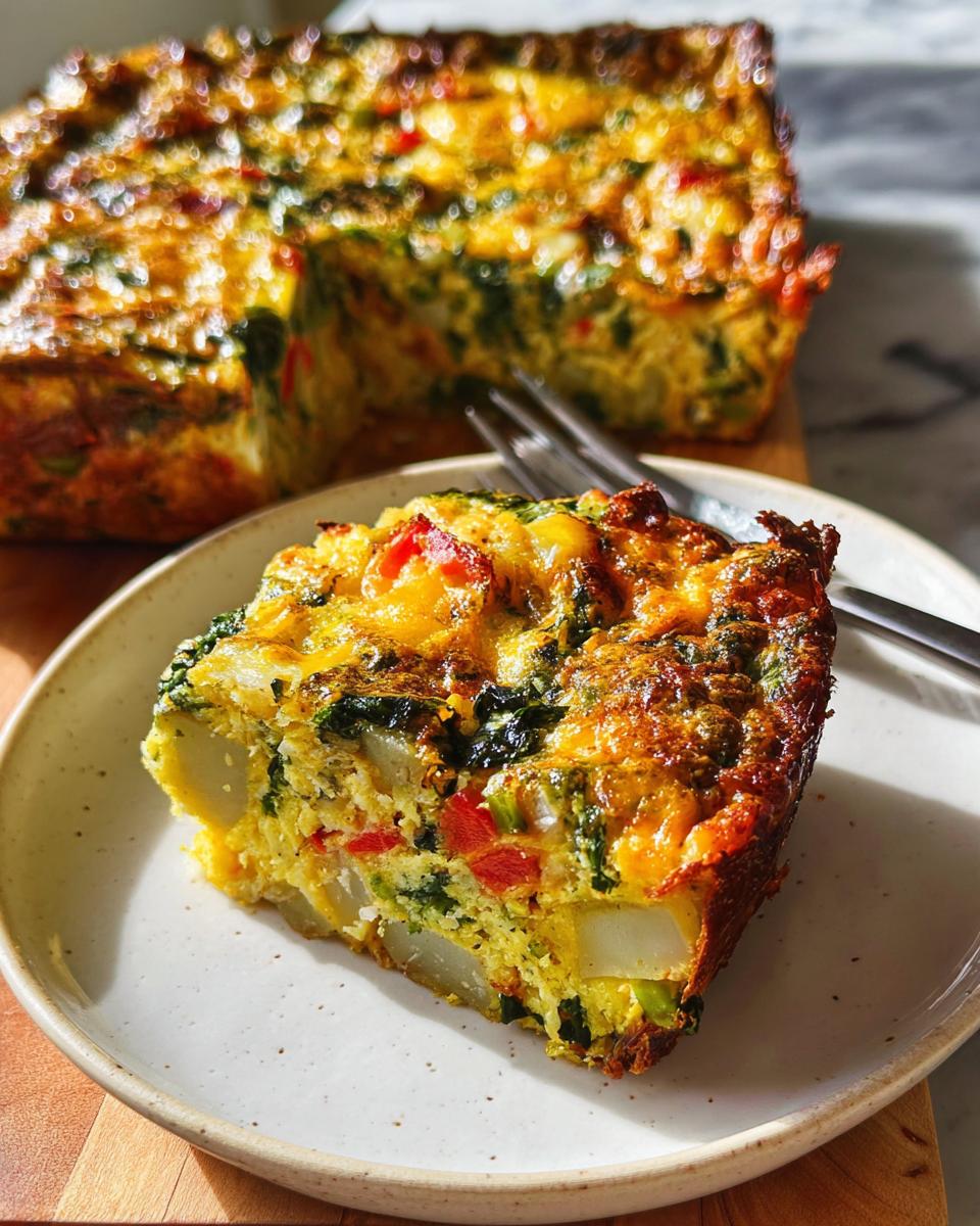 A thick slice of Veggie Breakfast Casserole featuring spinach, red peppers, and potatoes on a speckled white plate.