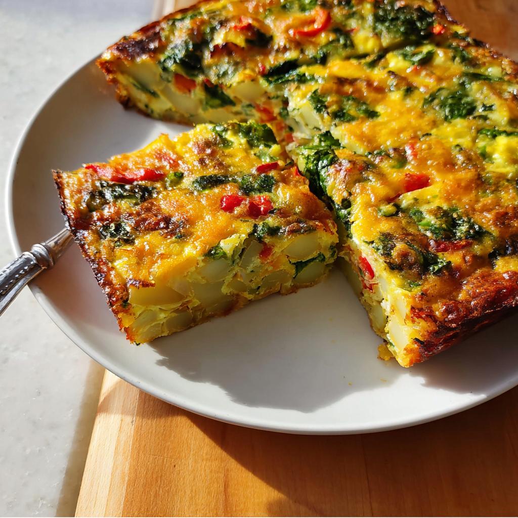 Two slices cut from a golden-brown Veggie Breakfast Casserole featuring visible potatoes, spinach, and red peppers.
