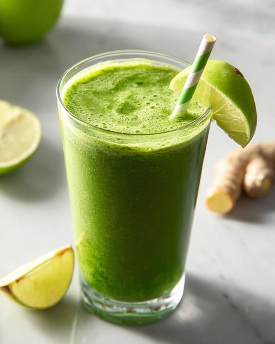 A tall glass filled with a vibrant Green Detox Smoothie, garnished with a lime wedge and a striped straw.