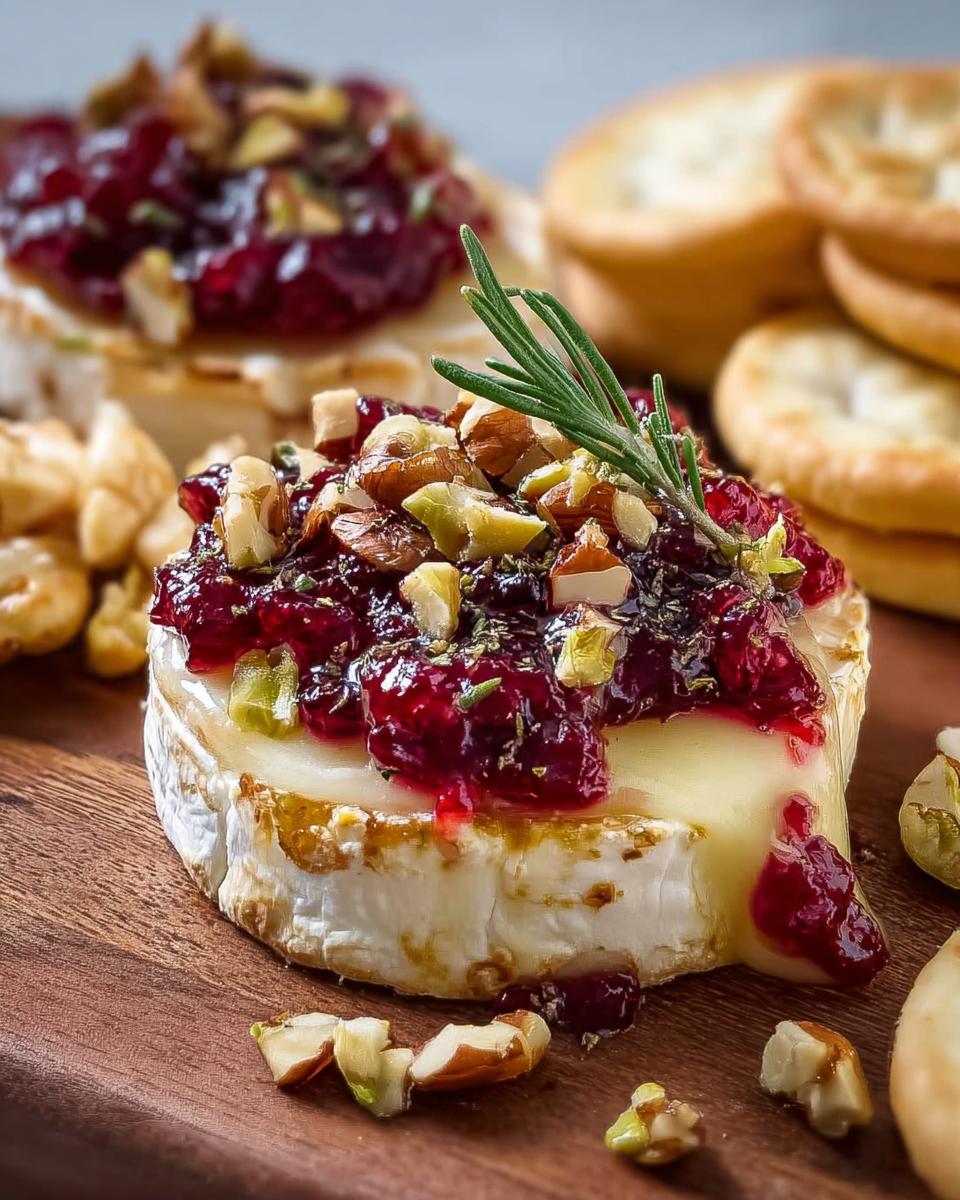 Close-up of a warm Cranberry Brie Bite topped with cranberry sauce, chopped nuts, and a rosemary sprig.