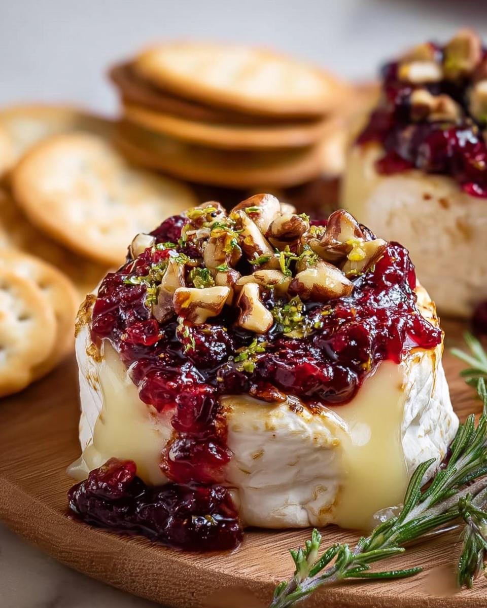 Close-up of warm Cranberry Brie Bites oozing cheese, topped with cranberry sauce and chopped nuts.