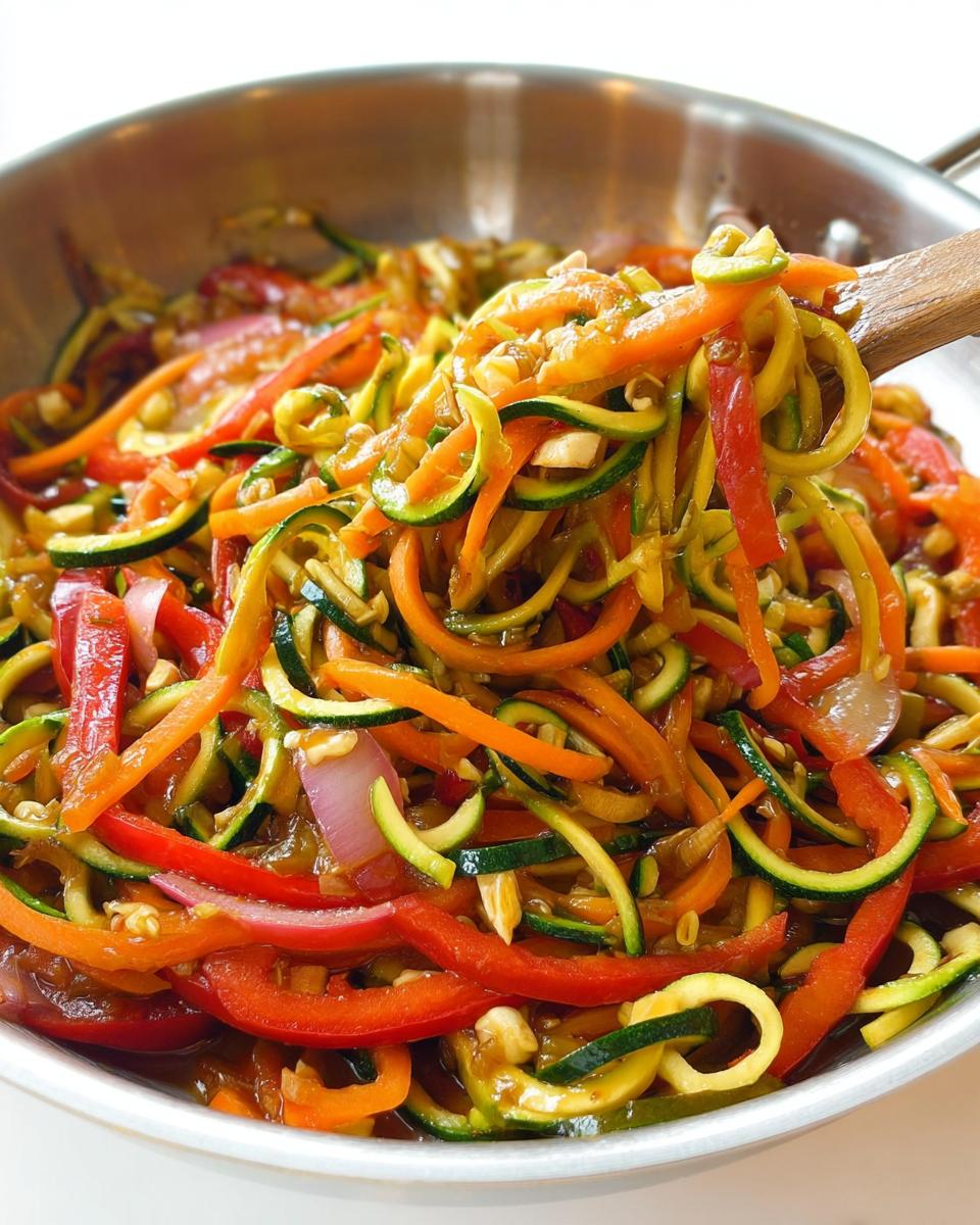 A close-up shot of a vibrant Zucchini Noodle Stir Fry being served from a pan with a wooden spoon.