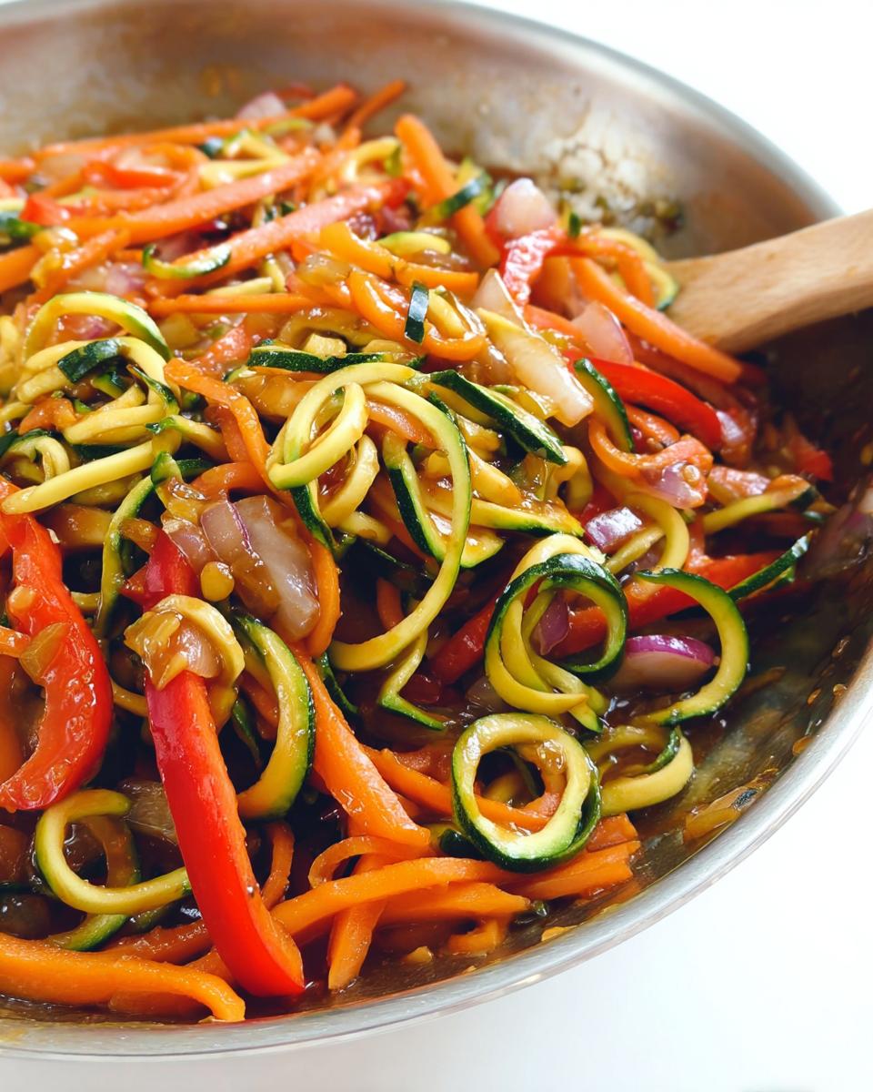 Close-up of a vibrant Zucchini Noodle Stir Fry with carrots, red peppers, and onions in a pan.