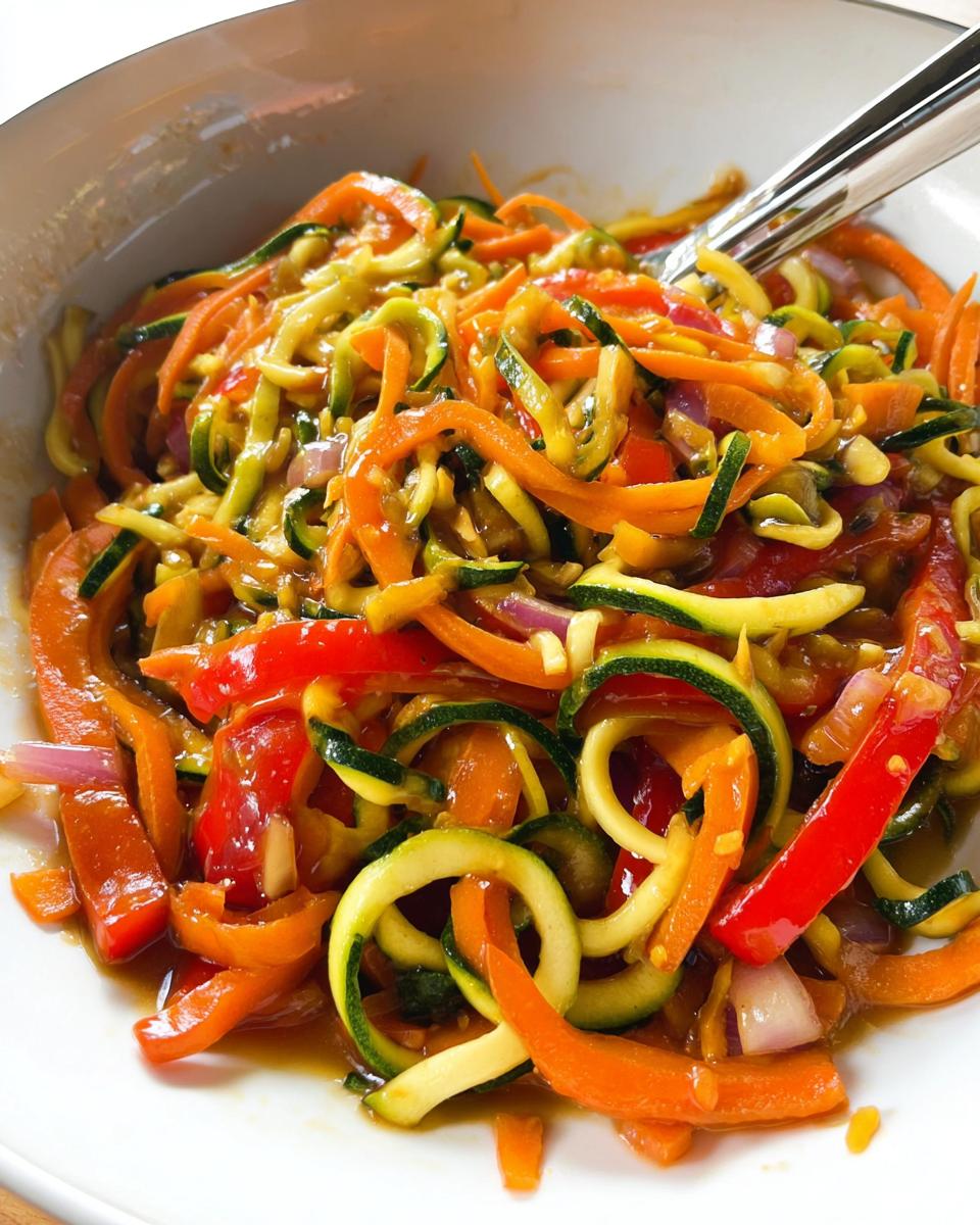 A close-up of a vibrant Zucchini Noodle Stir Fry featuring zucchini noodles, red bell peppers, carrots, and red onion in a glossy sauce.