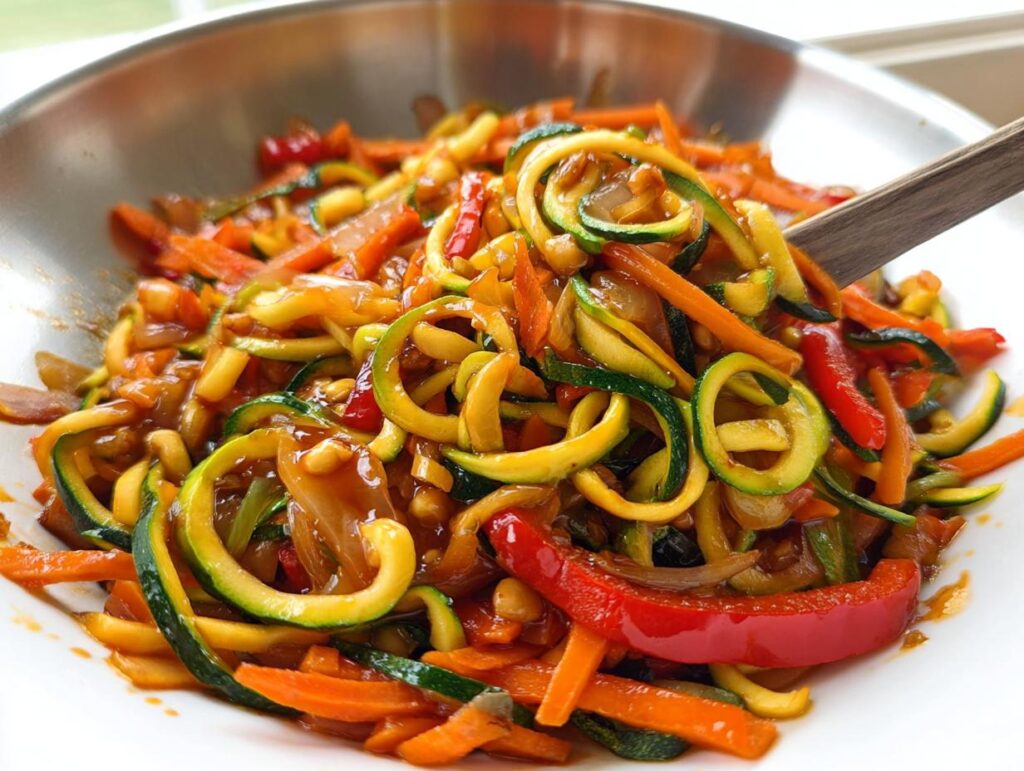 A close-up of a vibrant Zucchini Noodle Stir Fry with carrots, red bell peppers, and onions in a wok.
