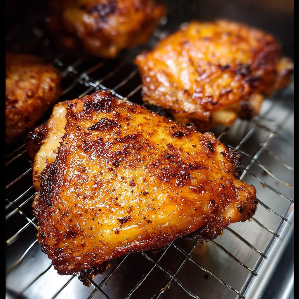 Close-up of a perfectly cooked Air Fryer Crispy Chicken Thighs with golden-brown, seasoned, and crackling skin.