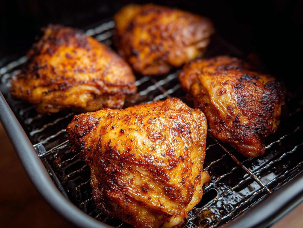 Four perfectly cooked Air Fryer Crispy Chicken Thighs with golden-brown, seasoned skin resting on an air fryer rack.