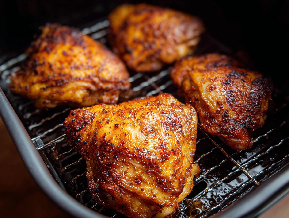 Four perfectly cooked Air Fryer Crispy Chicken Thighs with golden-brown, seasoned skin resting on an air fryer rack.