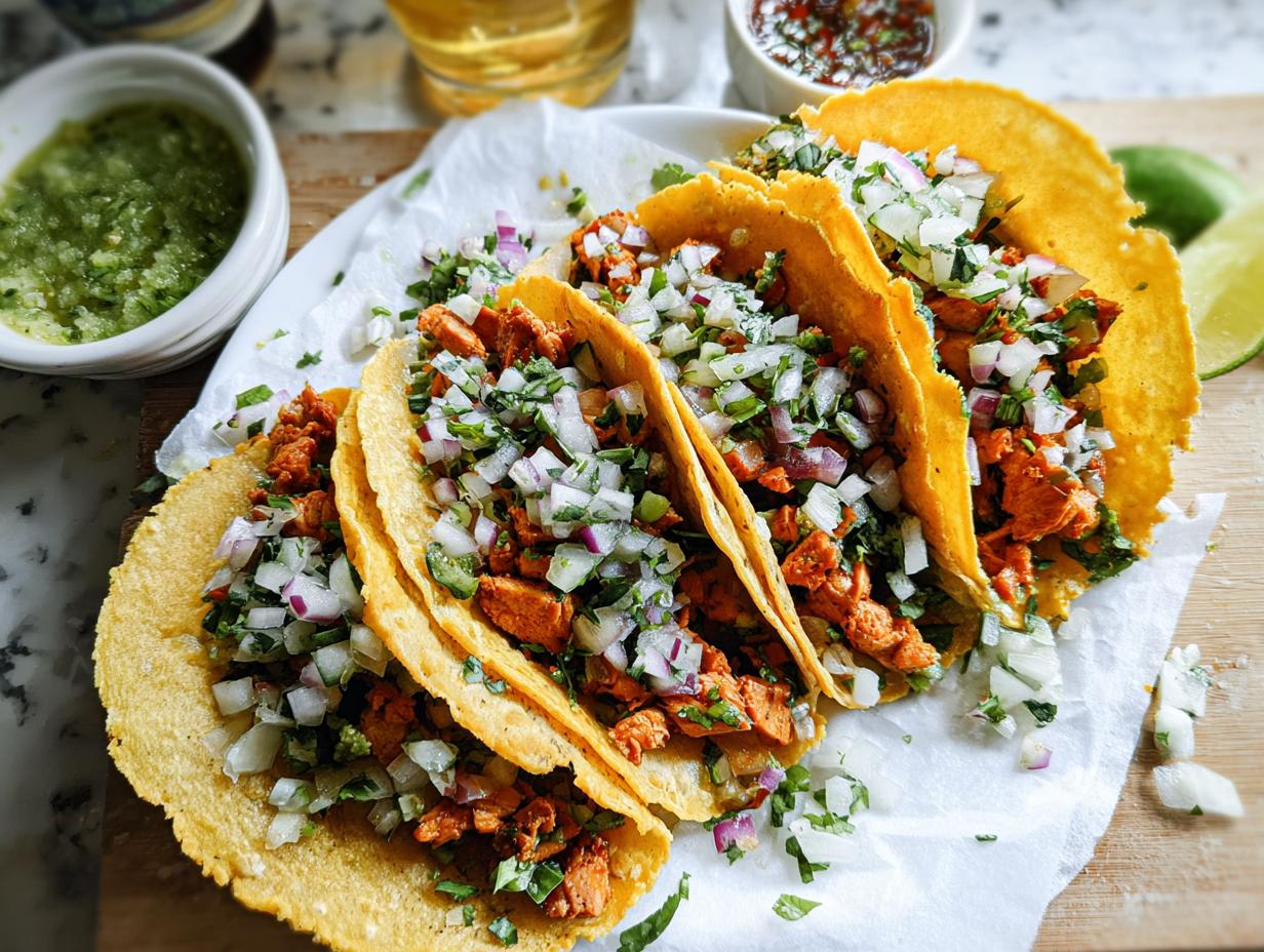 Four delicious Chicken Street Tacos filled with seasoned chicken, white onion, and cilantro, served with salsa verde.
