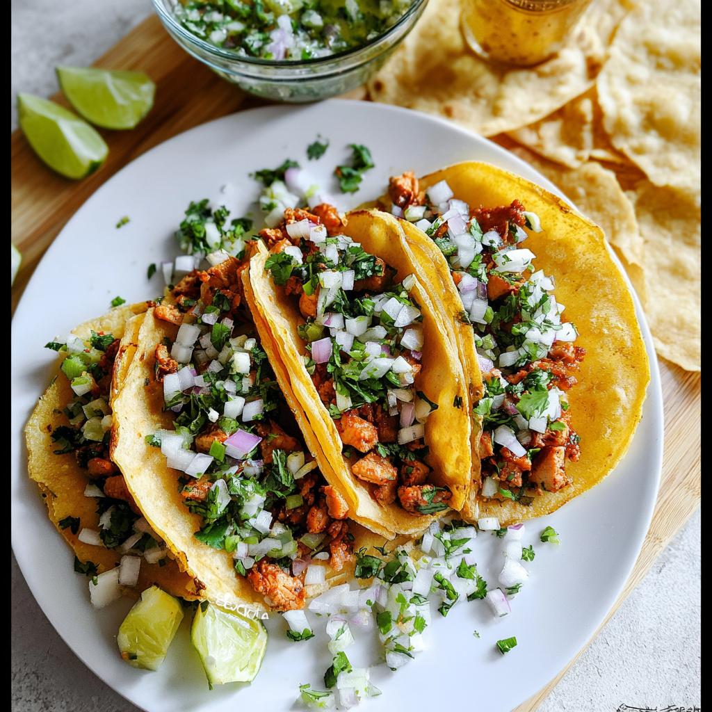Three delicious Chicken Street Tacos served on a white plate, topped generously with diced white onion and cilantro.
