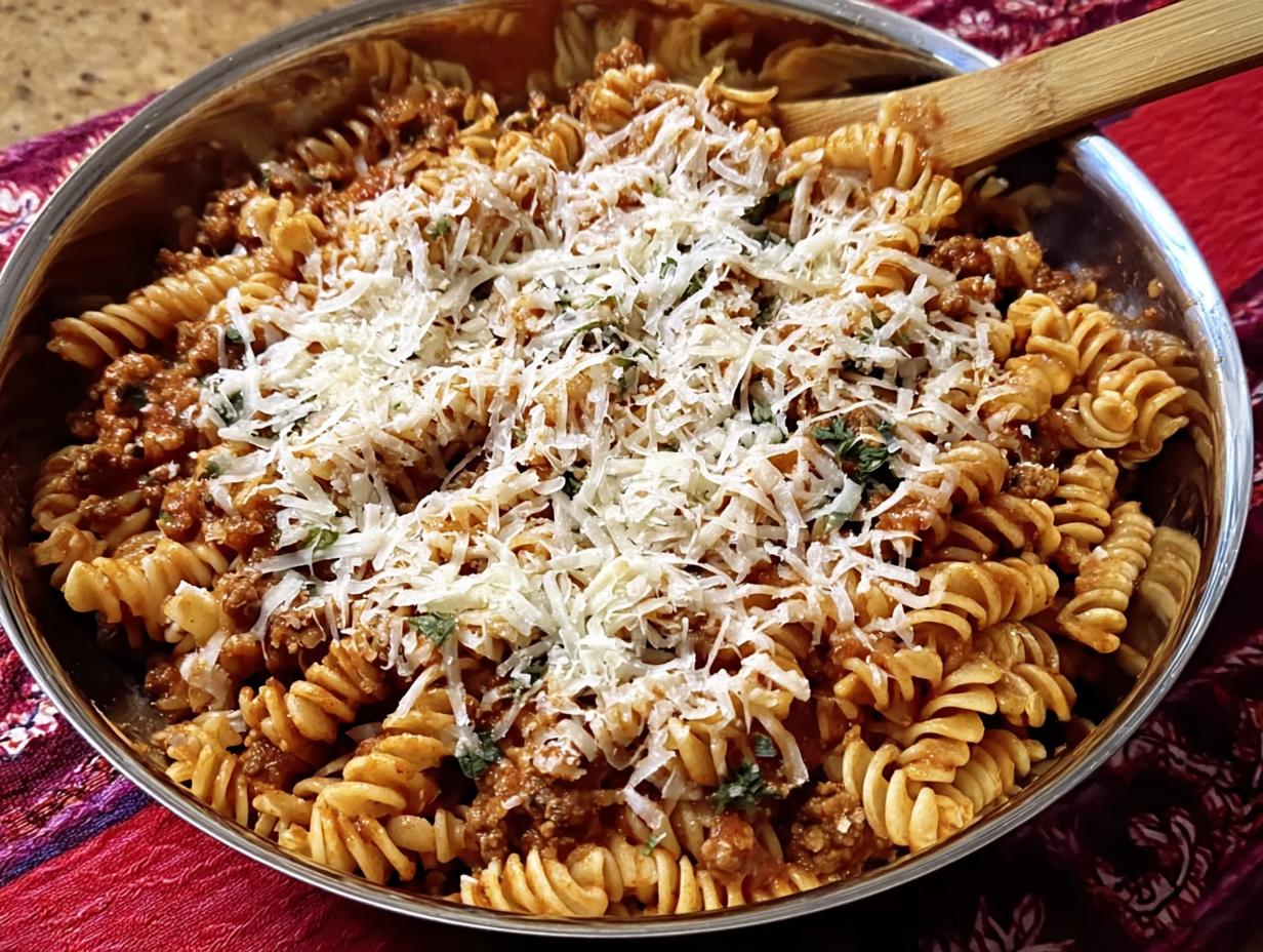 A large bowl of amazing ground turkey pasta made with rotini, covered in rich sauce and topped generously with shredded Parmesan cheese.