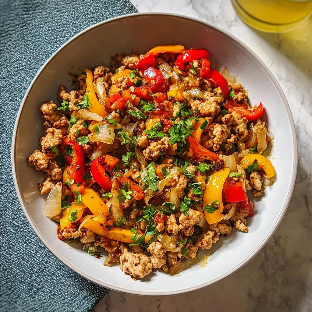 A bowl of savory ground turkey recipe mixed with sautéed red and yellow bell peppers and onions, topped with fresh parsley.