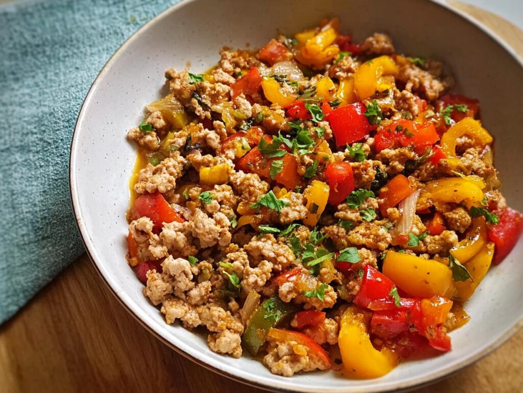 A close-up of a bowl filled with a flavorful Ground Turkey Recipe mixed with colorful sautéed red and yellow bell peppers.